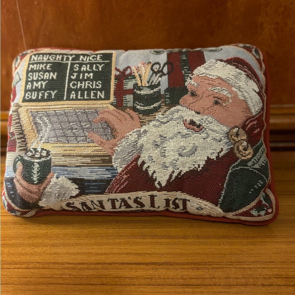 Vtg Tapestry Throw Pillow Christmas Decor Santa Claus Naughty Nice List